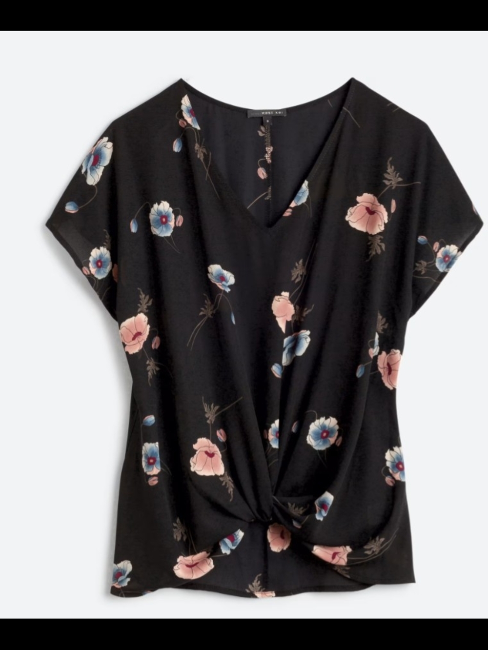 West K Black Floral Twist-Front V-Neck Blouse